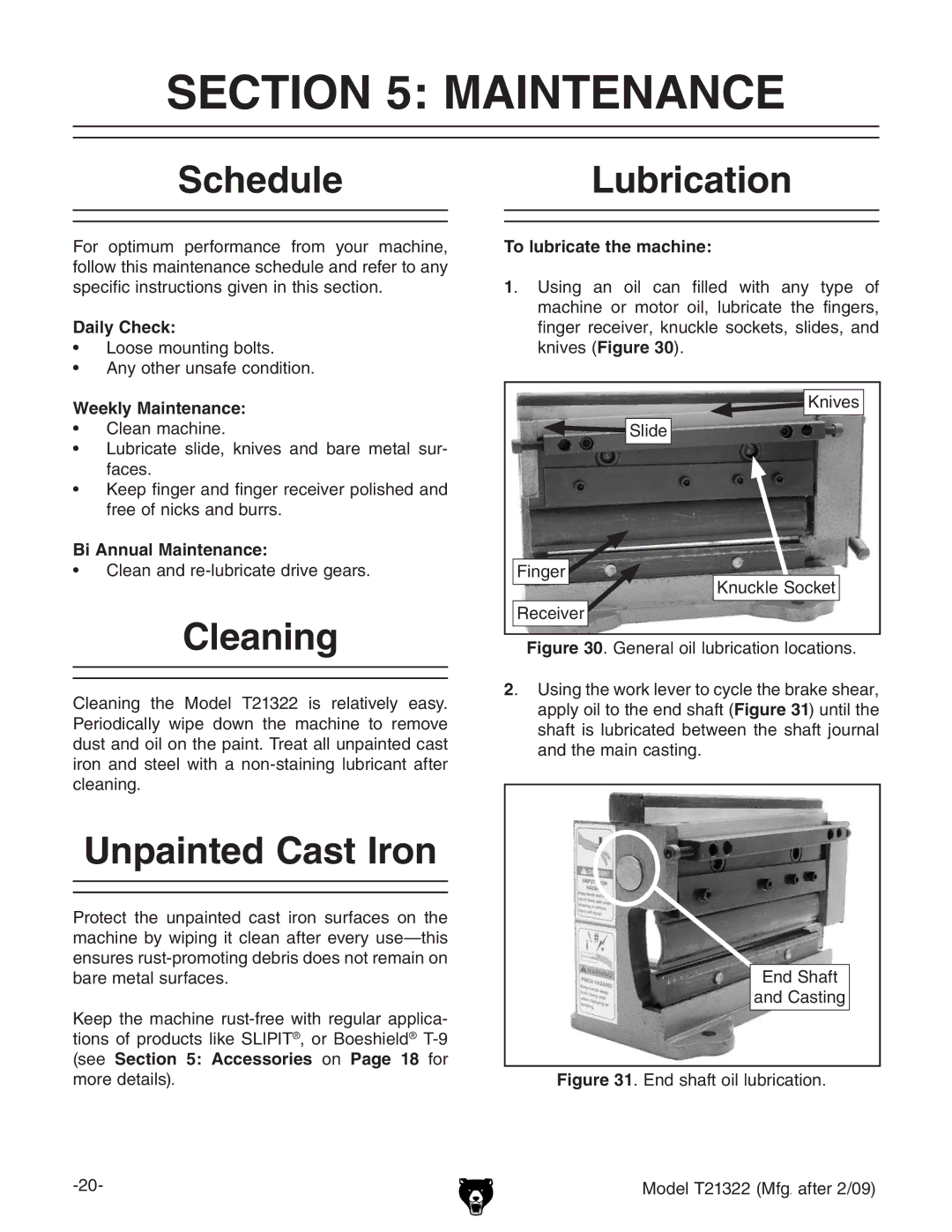 Grizzly T21322 owner manual Maintenance, Schedule, Cleaning, Unpainted Cast Iron, Lubrication 