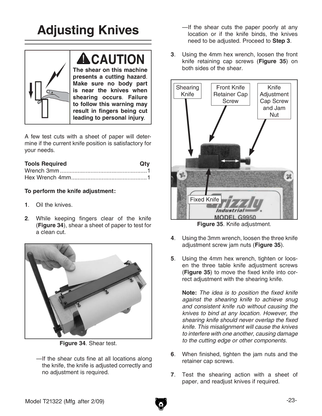 Grizzly T21322 owner manual Adjusting Knives, Tools RequiredQty, To perform the knife adjustment 