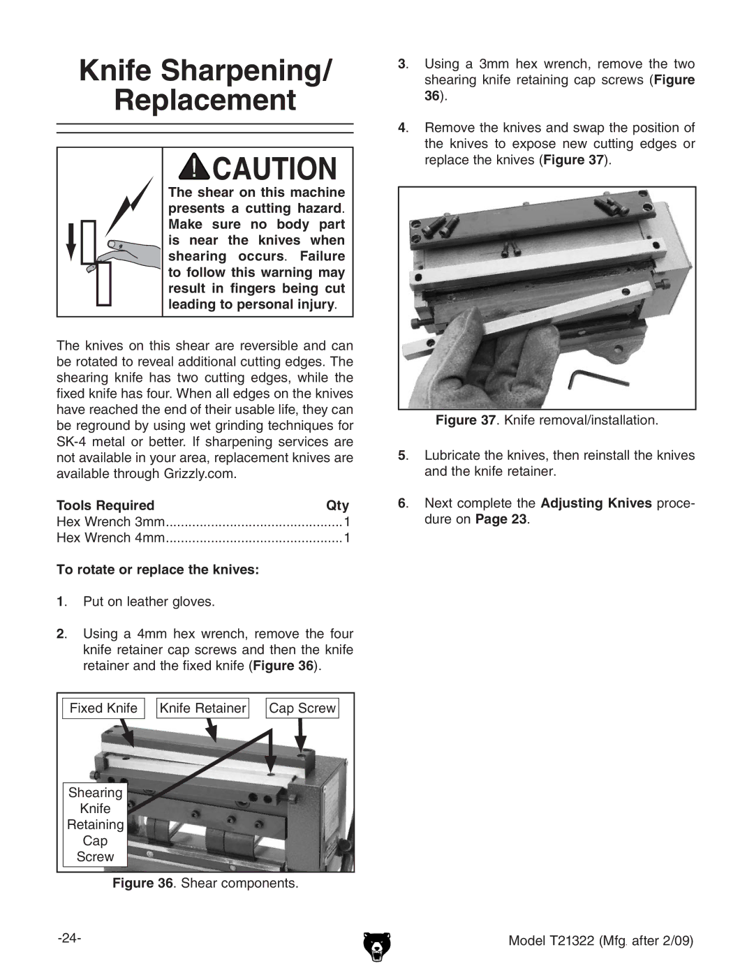 Grizzly T21322 owner manual Knife Sharpening Replacement, To rotate or replace the knives 