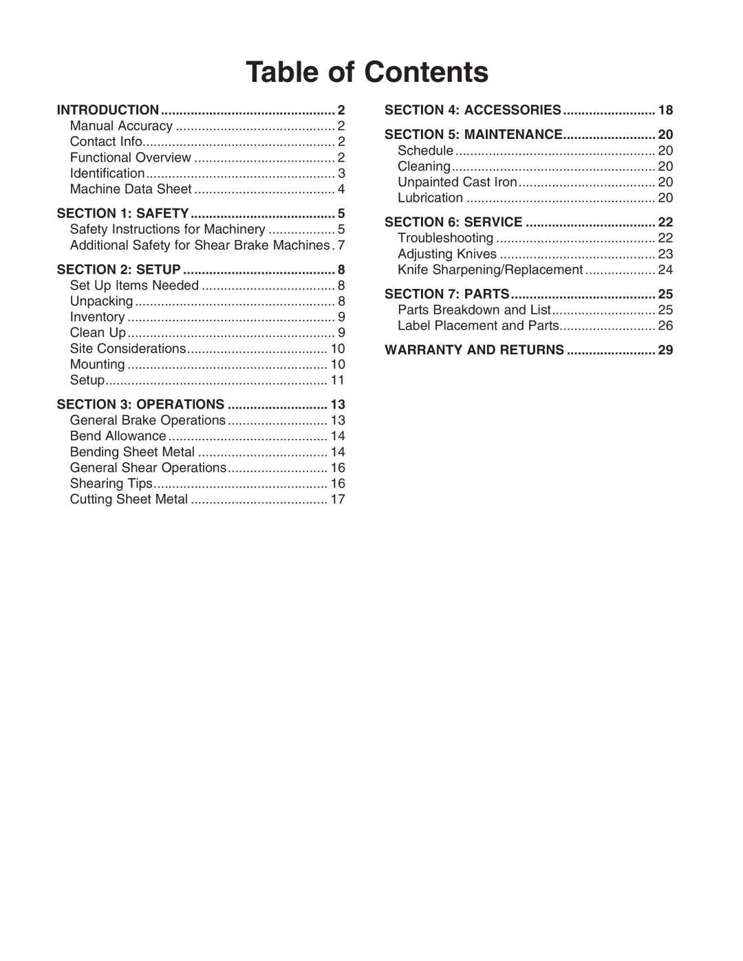 Grizzly T21322 owner manual Table of Contents 