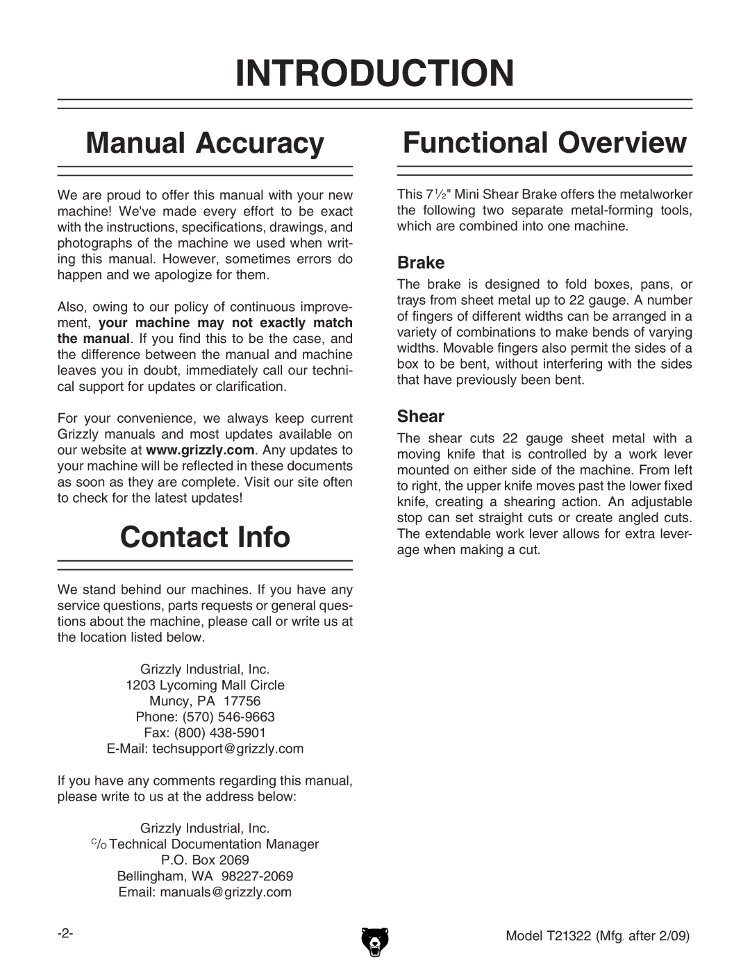 Grizzly T21322 owner manual Introduction, Manual Accuracy, Contact Info, Functional Overview, BdYZaI&B\#ViZg$%. 