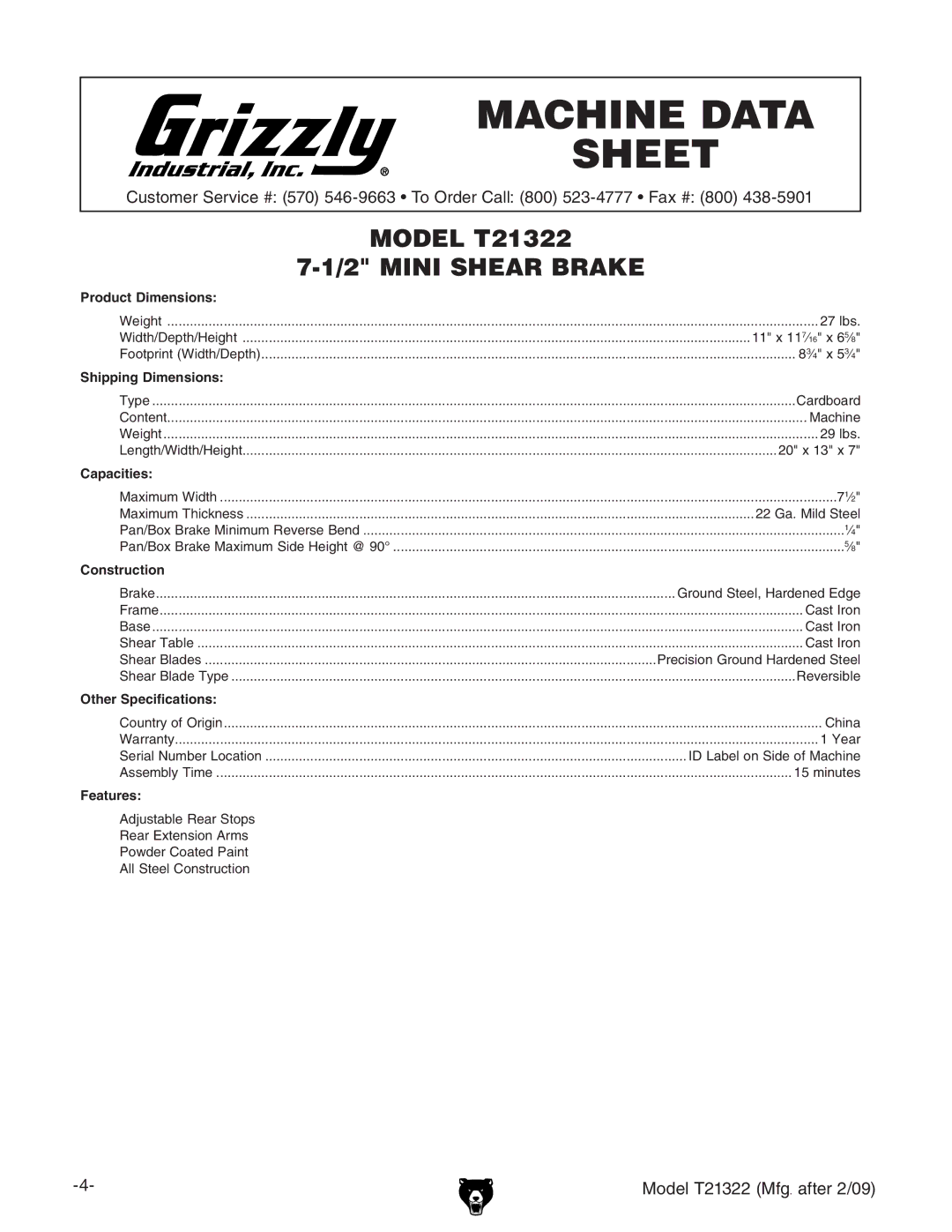 Grizzly T21322 owner manual Machine Data Sheet 