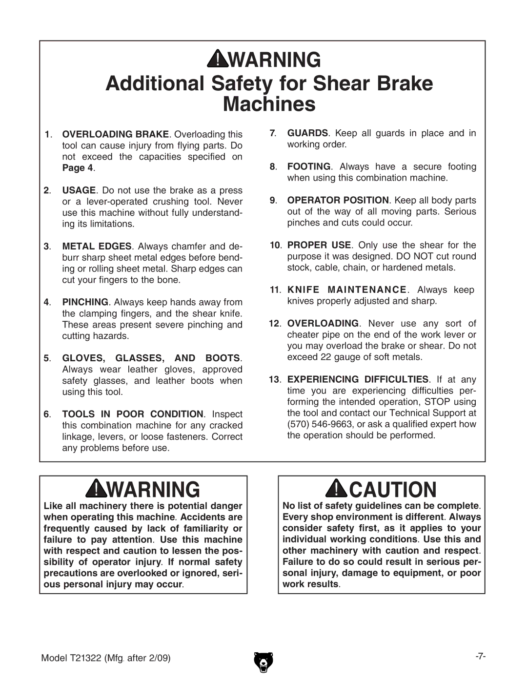 Grizzly T21322 owner manual Additional Safety for Shear Brake Machines, # Overloading BRAKE# DkZgadVYc\ih 