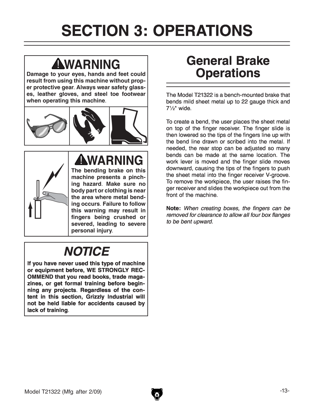 Grizzly T21322 owner manual General Brake Operations 