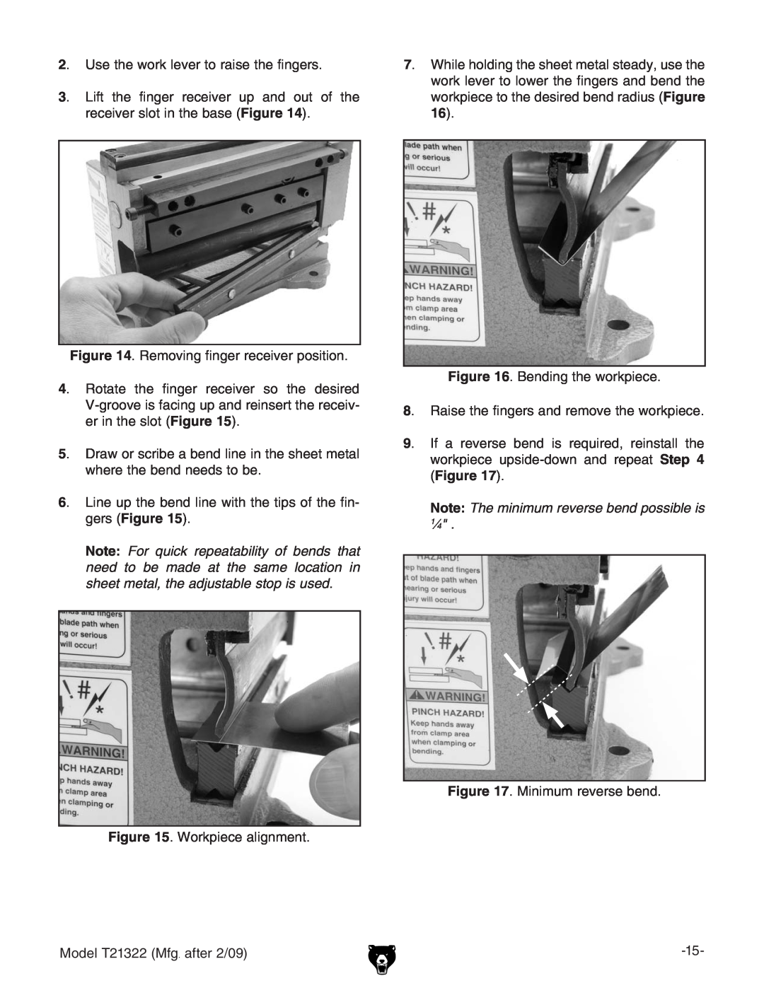 Grizzly T21322 owner manual Note The minimum reverse bend possible is 1⁄4, 2# JhZiZldg`aZkZgidgVhZiZc\Zgh# 