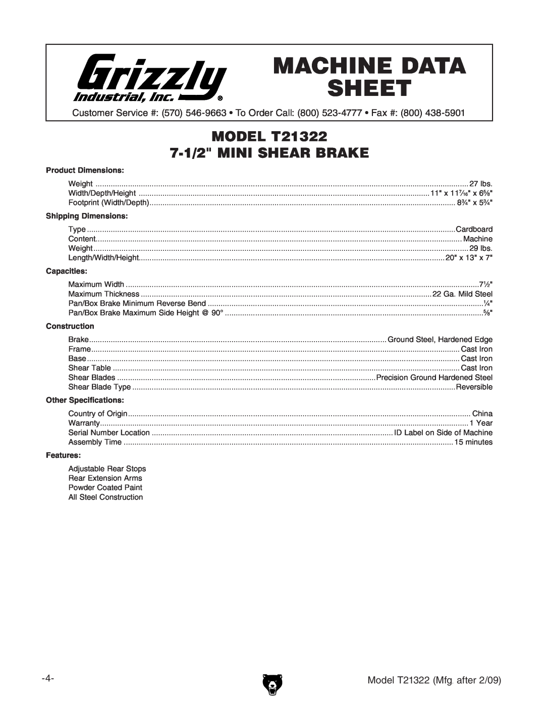 Grizzly Machine Data Sheet, MODEL T21322 7-1/2 MINI SHEAR BRAKE, Product Dimensions, Shipping Dimensions, Capacities 