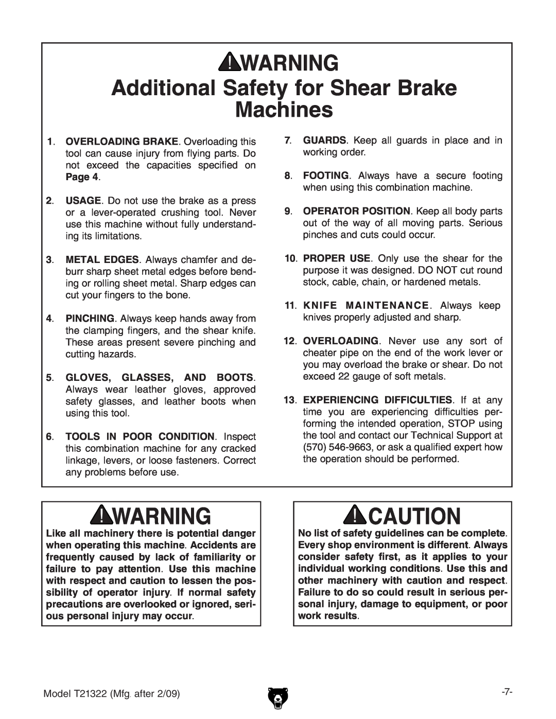Grizzly T21322 owner manual Additional Safety for Shear Brake Machines, Page 4# 