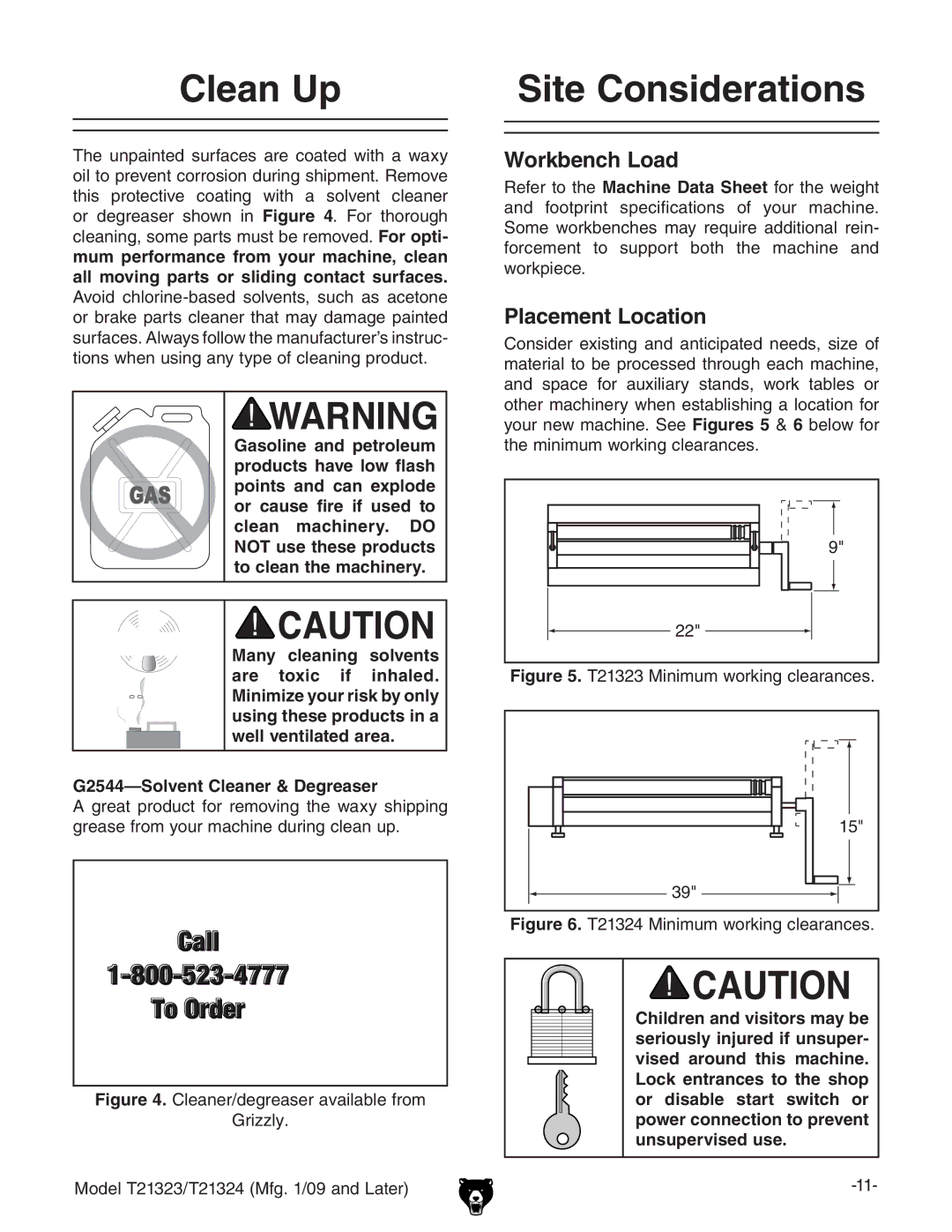 Grizzly T21323, T21324 owner manual Clean Up, Site Considerations 