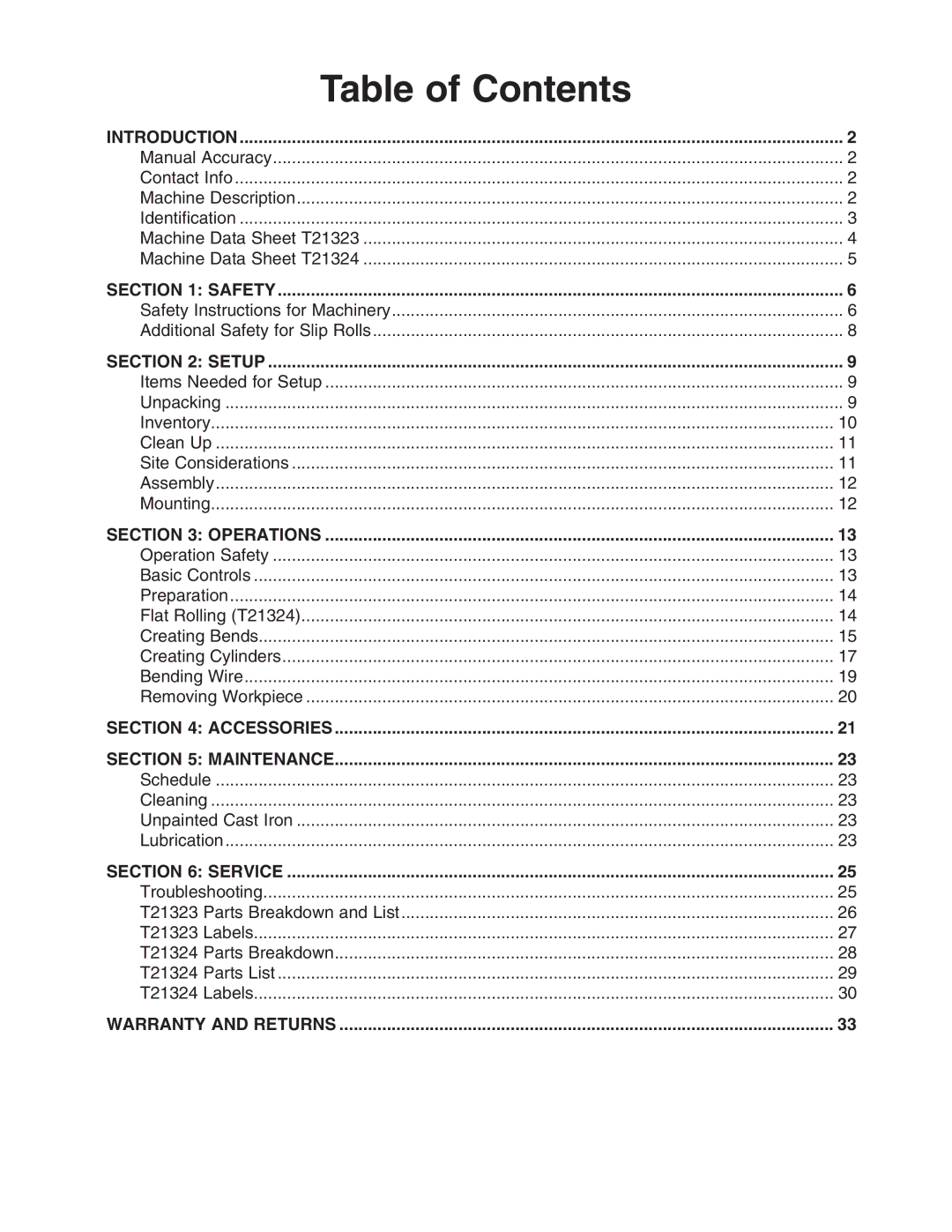 Grizzly T21323, T21324 owner manual Table of Contents 