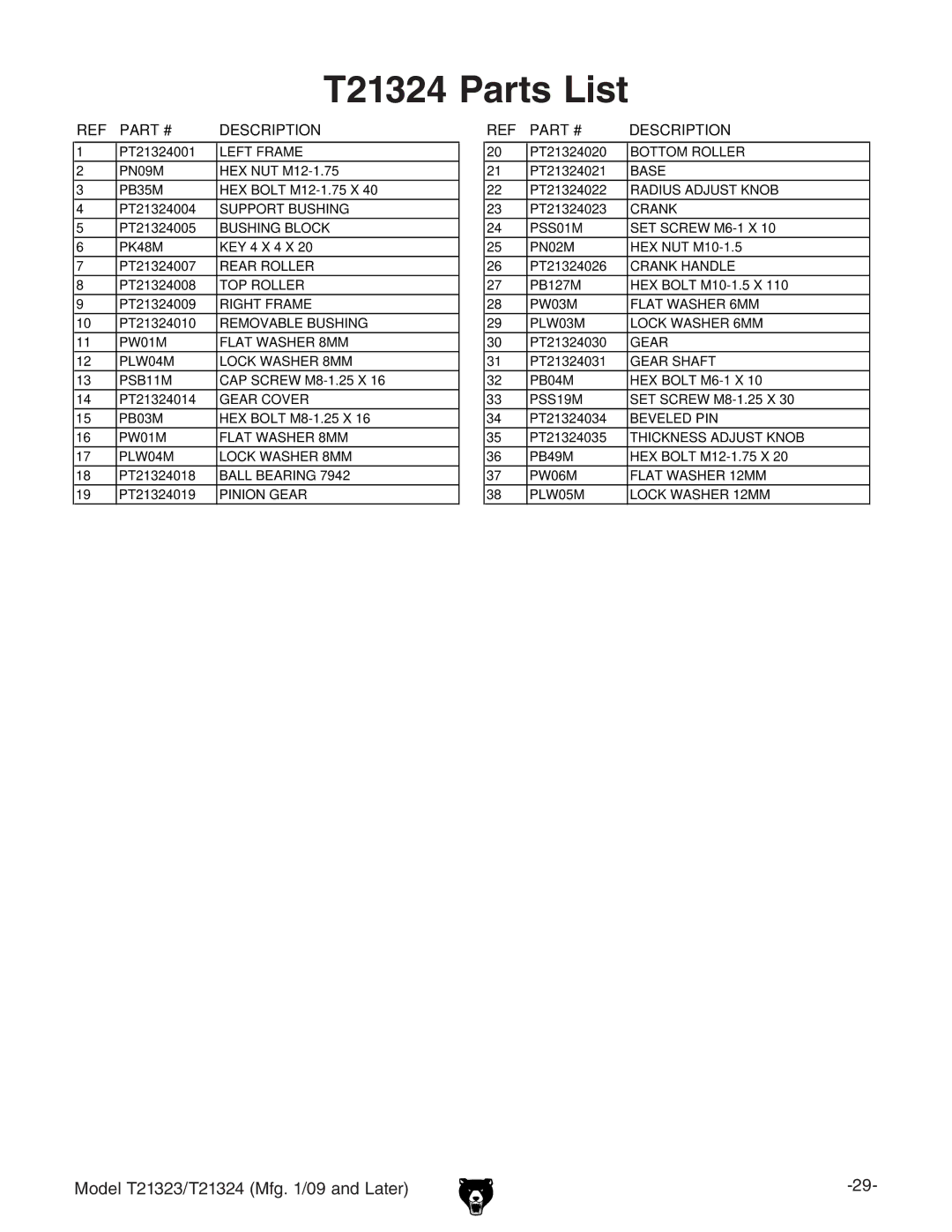 Grizzly T21323 owner manual T21324 Parts List 