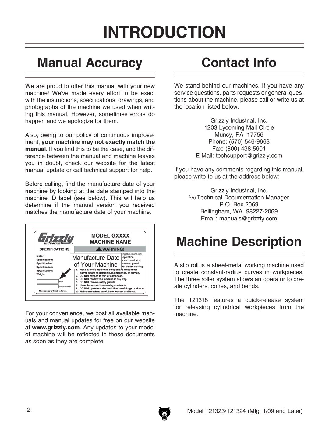 Grizzly T21324, T21323 owner manual Introduction, Manual Accuracy, Contact Info, Machine Description, NdjgBVXcZ 