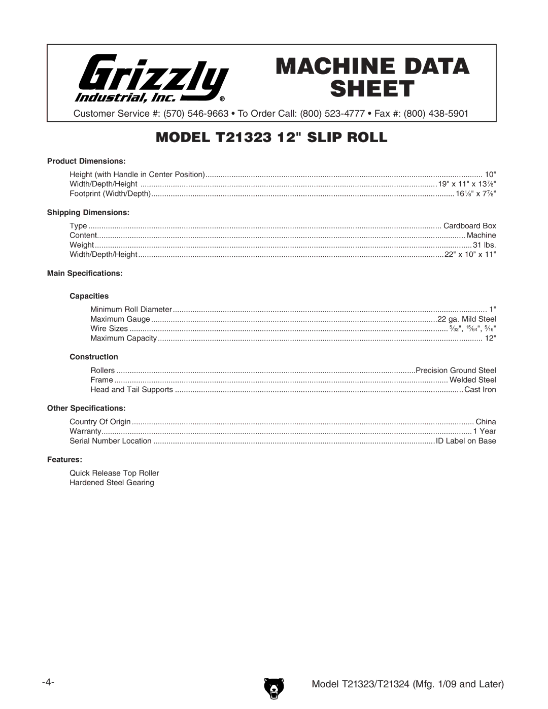 Grizzly T21324, T21323 owner manual Machine Data Sheet 