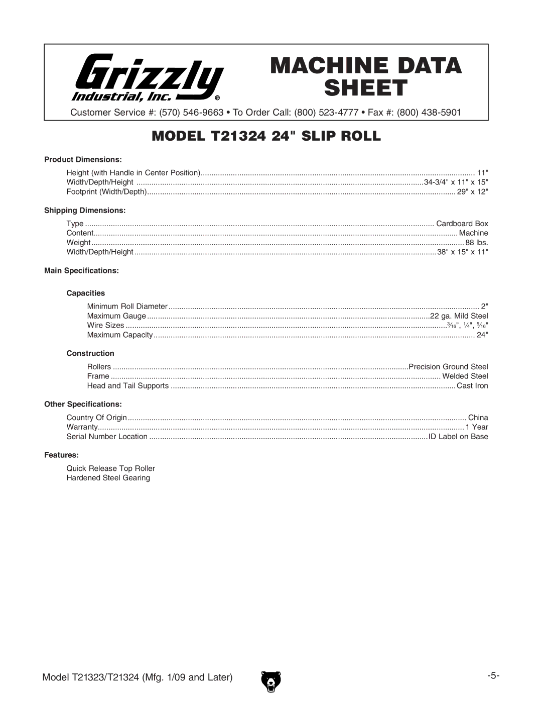 Grizzly T21323 owner manual Model T21324 24 Slip Roll, BdYZaI&$I&B\#&$%.VcYAViZg 