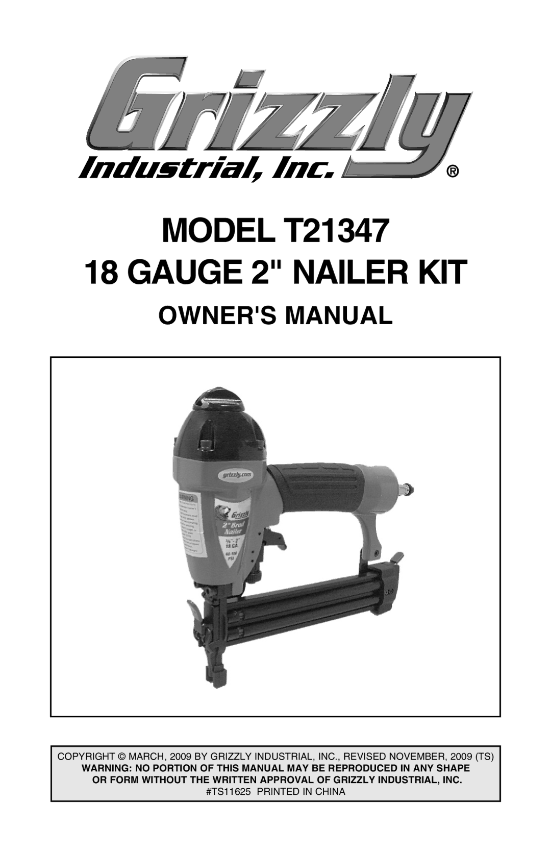 Grizzly T21347 owner manual Gauge 2 Nailer KIT 