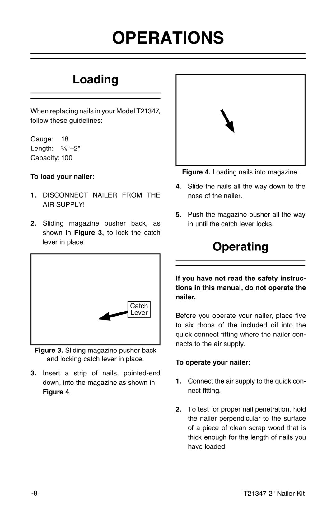 Grizzly T21347 owner manual Operations, Loading, Operating 