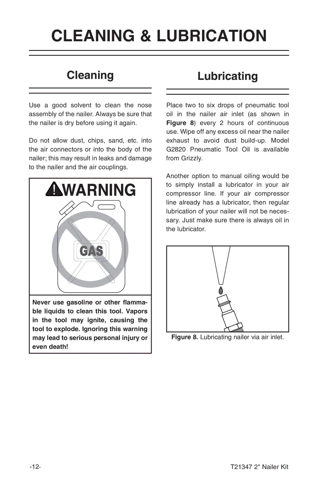 Grizzly T21347 owner manual Cleaning & Lubrication, CleaningLubricating 