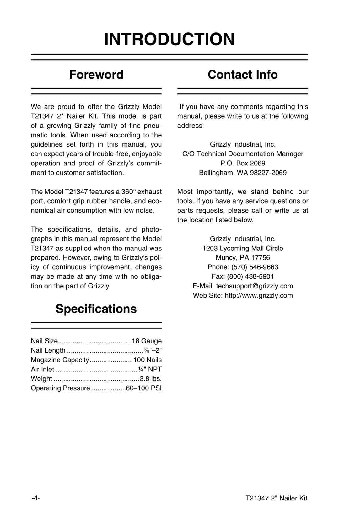 Grizzly T21347 owner manual Introduction, Foreword Contact Info, Specifications 