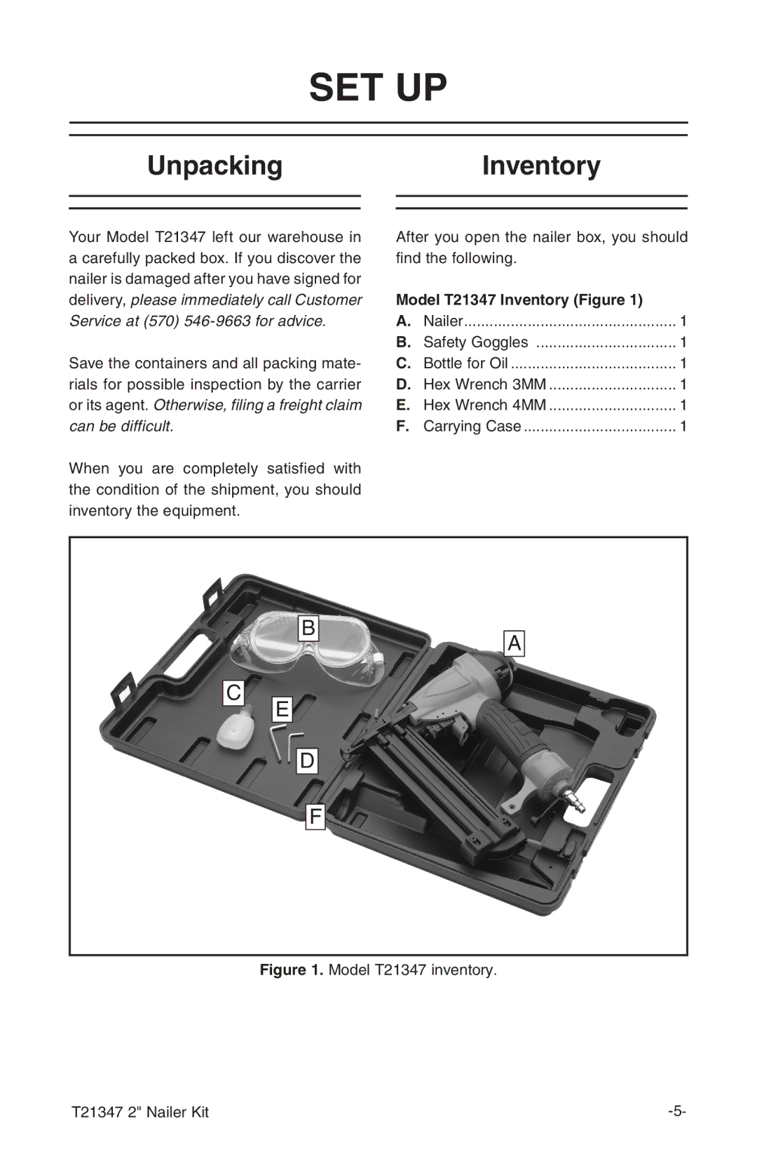 Grizzly T21347 owner manual Set up, UnpackingInventory 