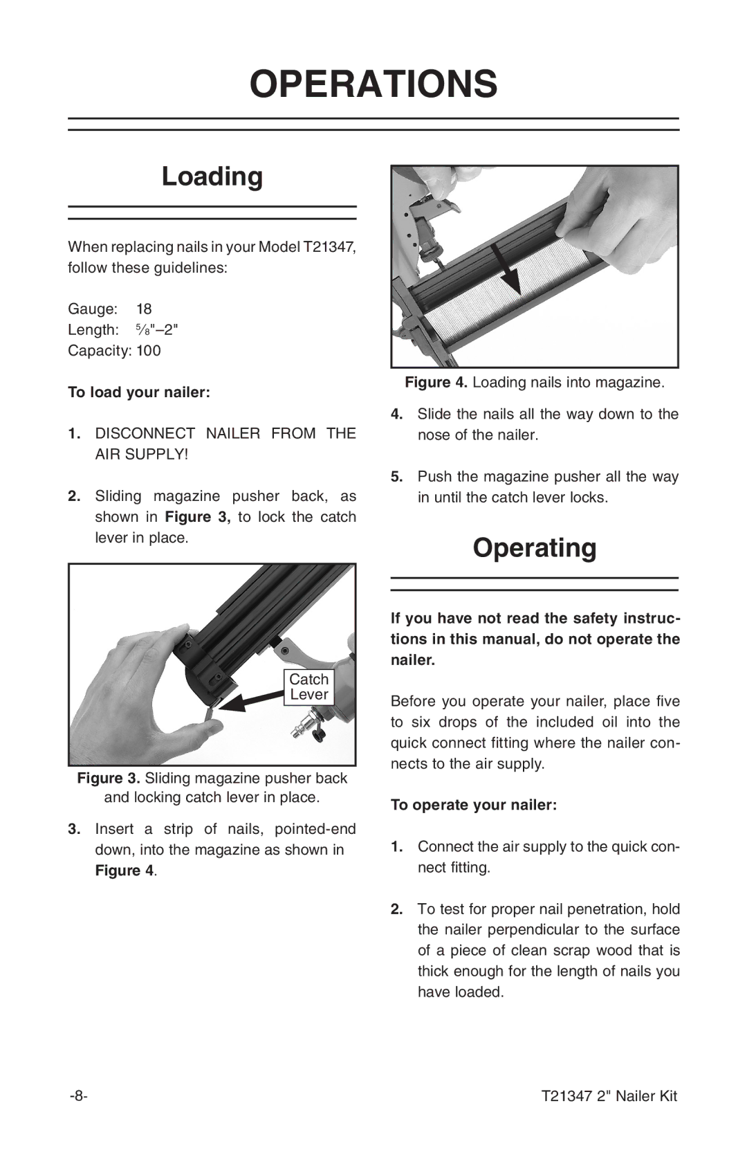 Grizzly T21347 owner manual Operations, Loading, Operating 