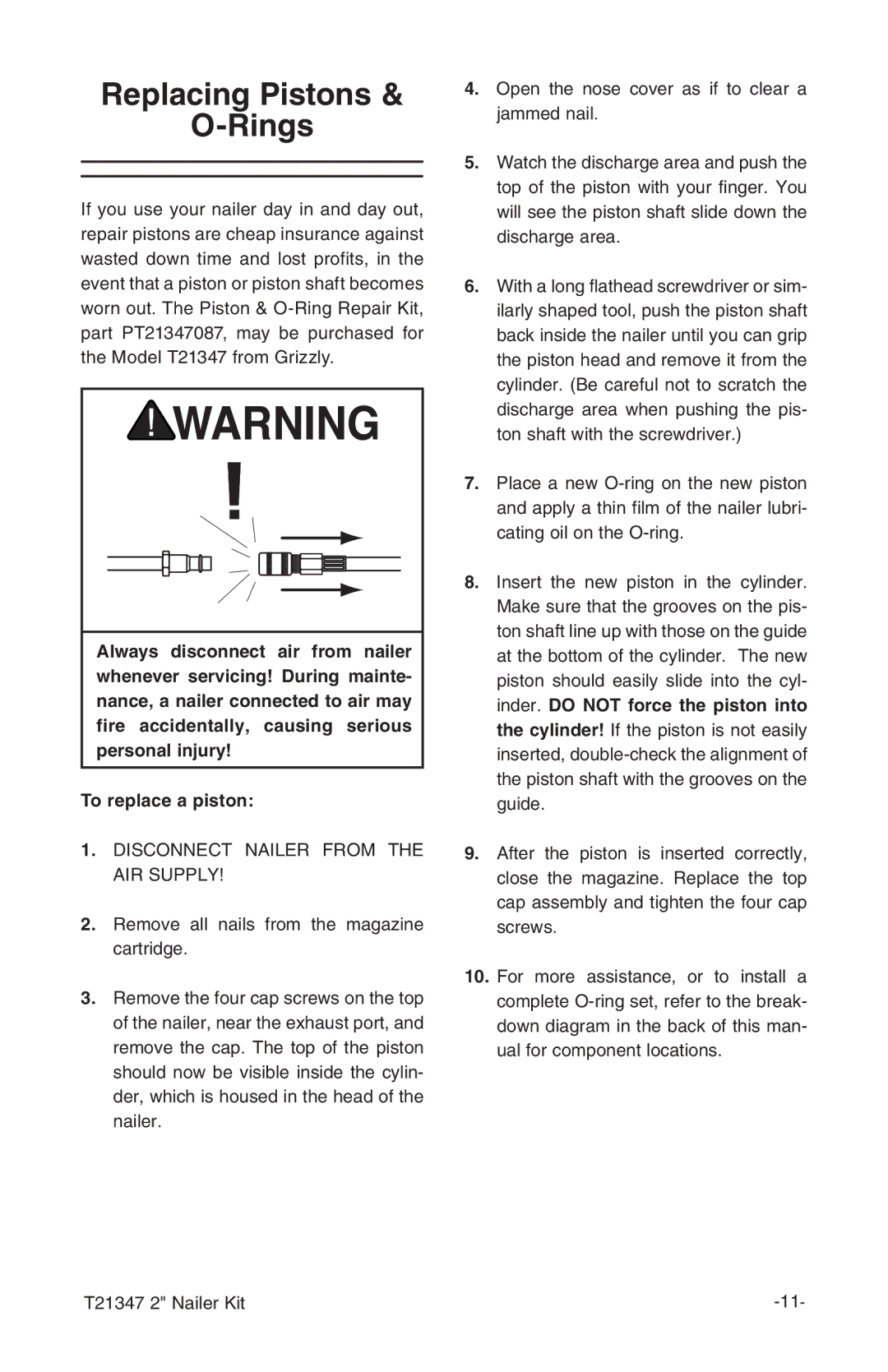 Grizzly T21347 owner manual Replacing Pistons Rings 