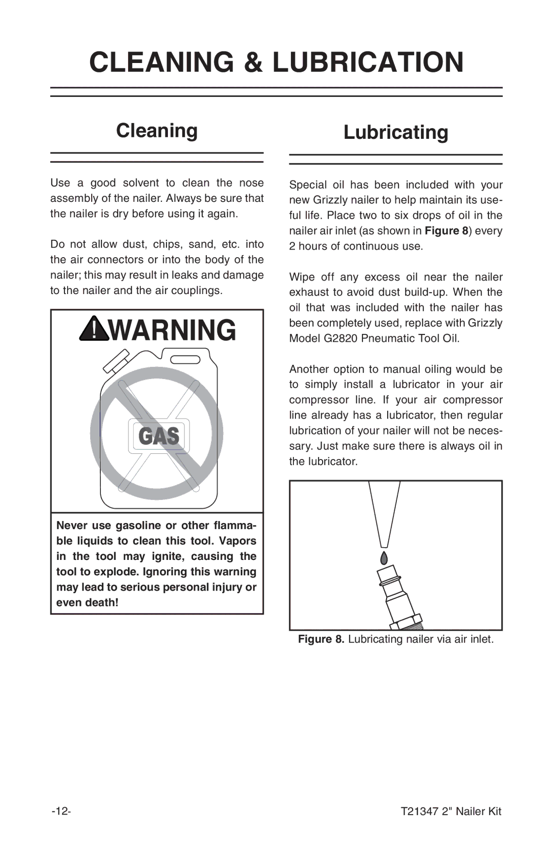 Grizzly T21347 owner manual Cleaning & Lubrication, CleaningLubricating 