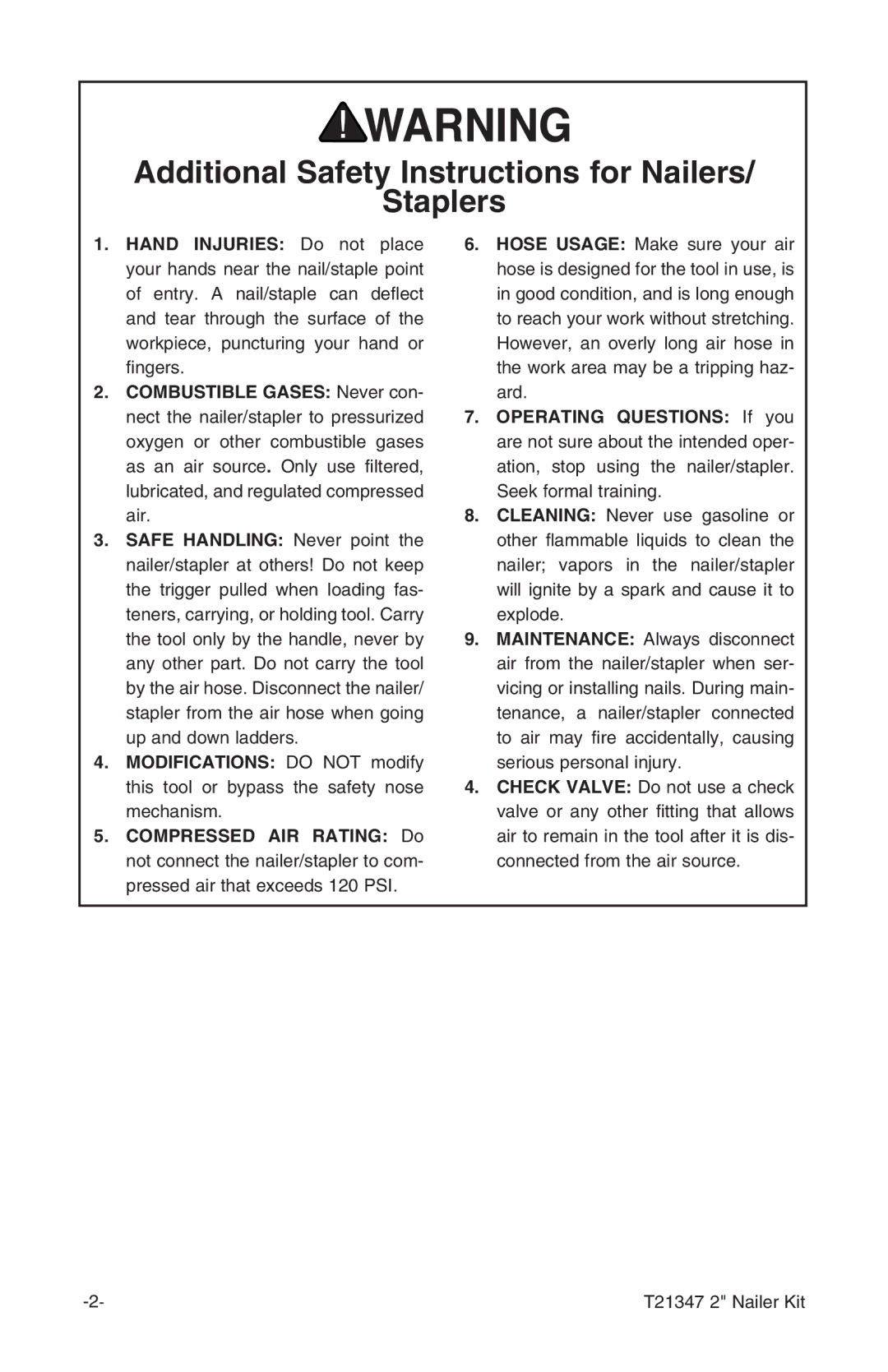 Grizzly T21347 owner manual Additional Safety Instructions for Nailers Staplers 