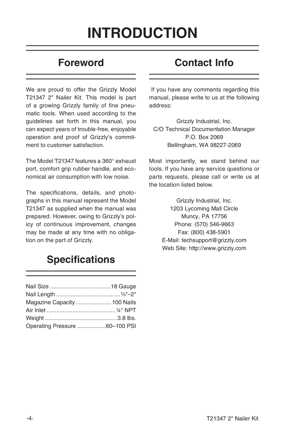 Grizzly T21347 owner manual Introduction, Foreword Contact Info, Specifications 