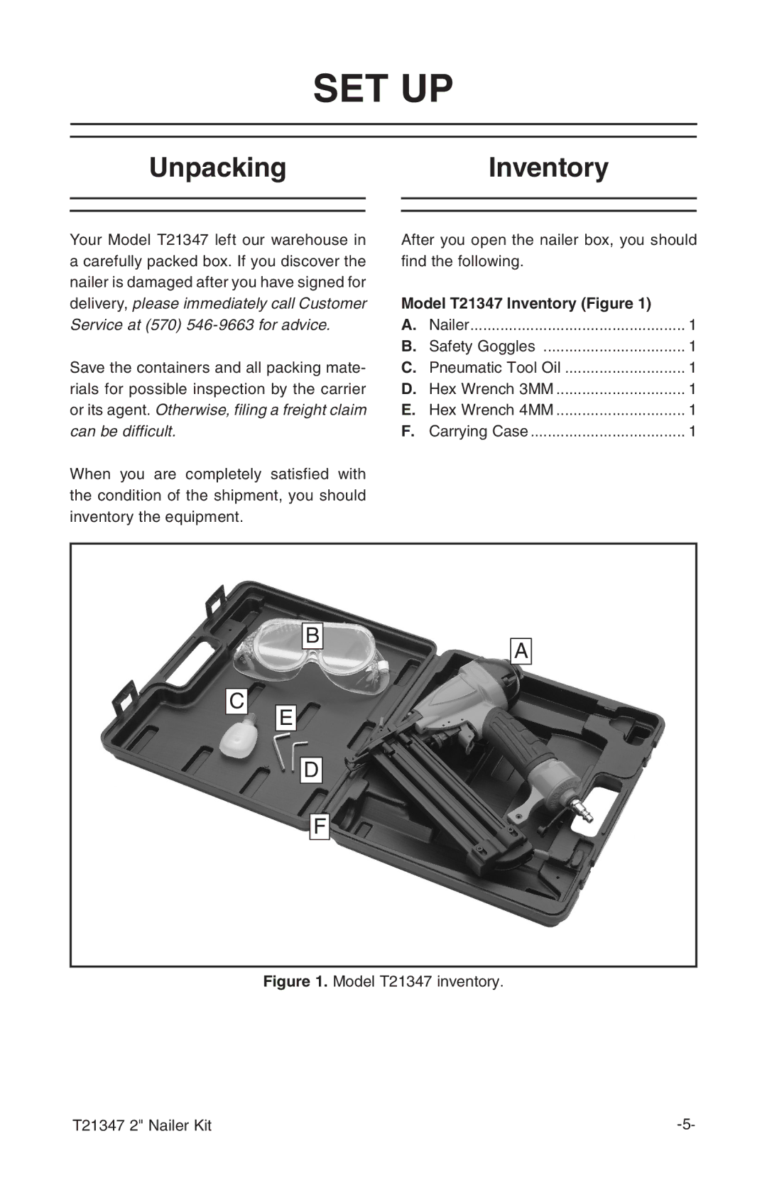 Grizzly T21347 owner manual Set up, UnpackingInventory 