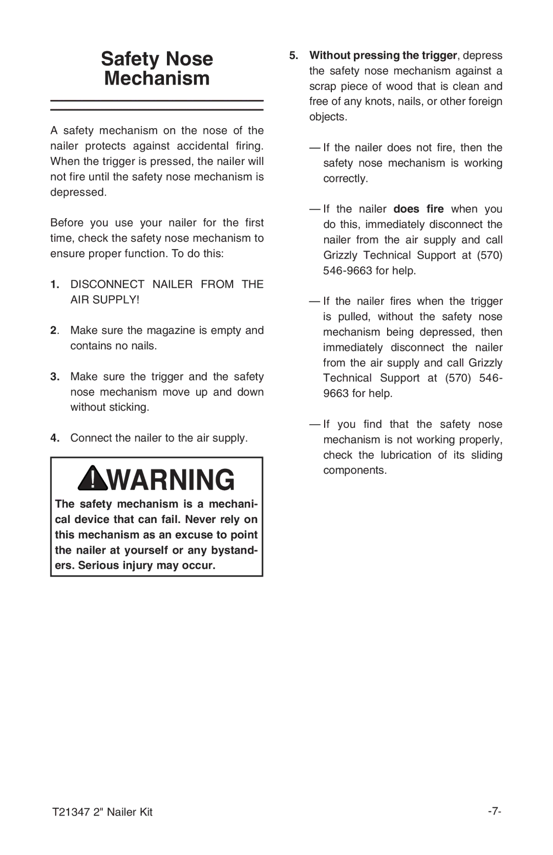 Grizzly T21347 owner manual Safety Nose Mechanism, Disconnect Nailer from the AIR Supply 