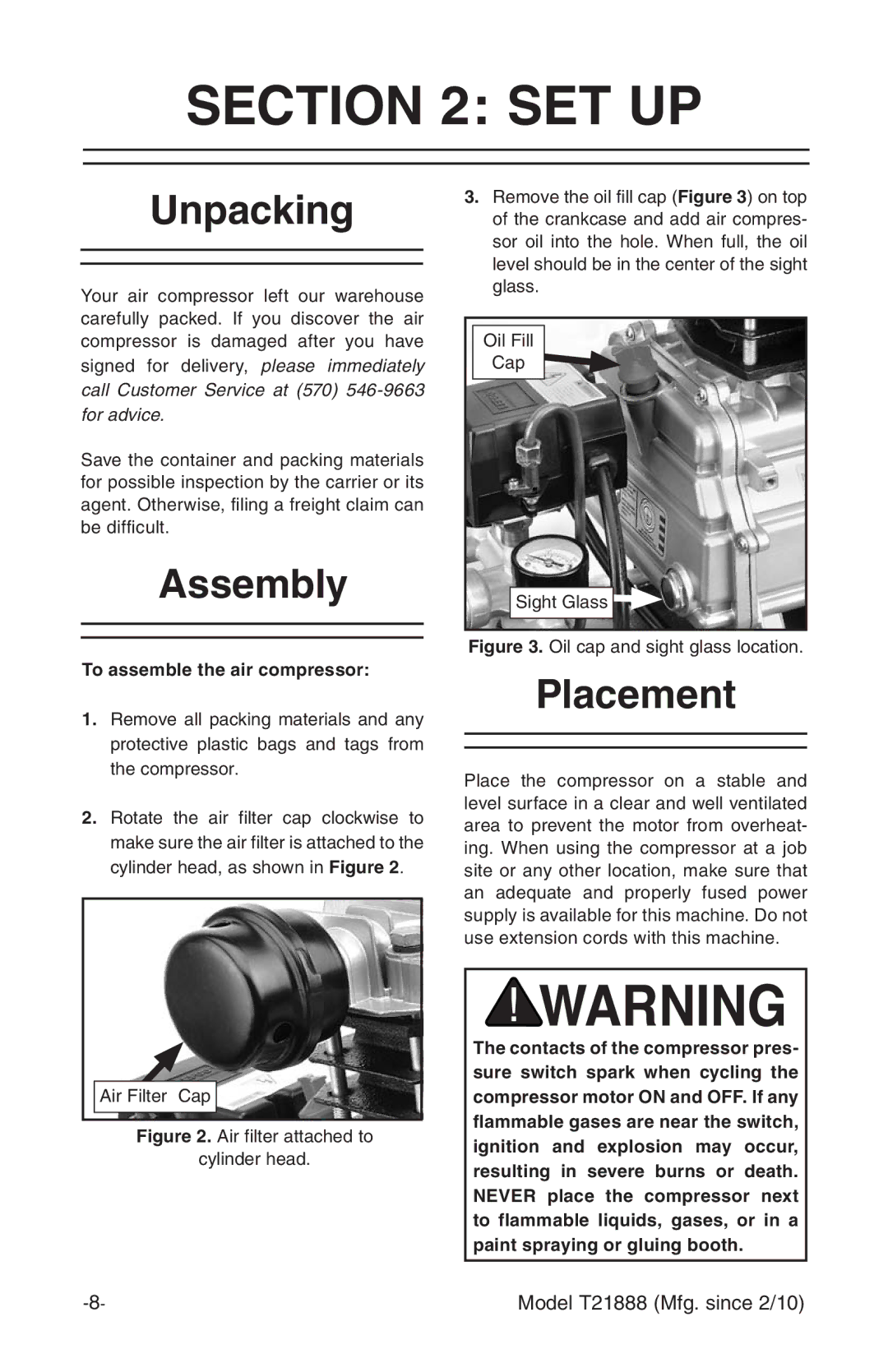 Grizzly T21888 instruction manual Set Up, Unpacking, Assembly, Placement, To assemble the air compressor 