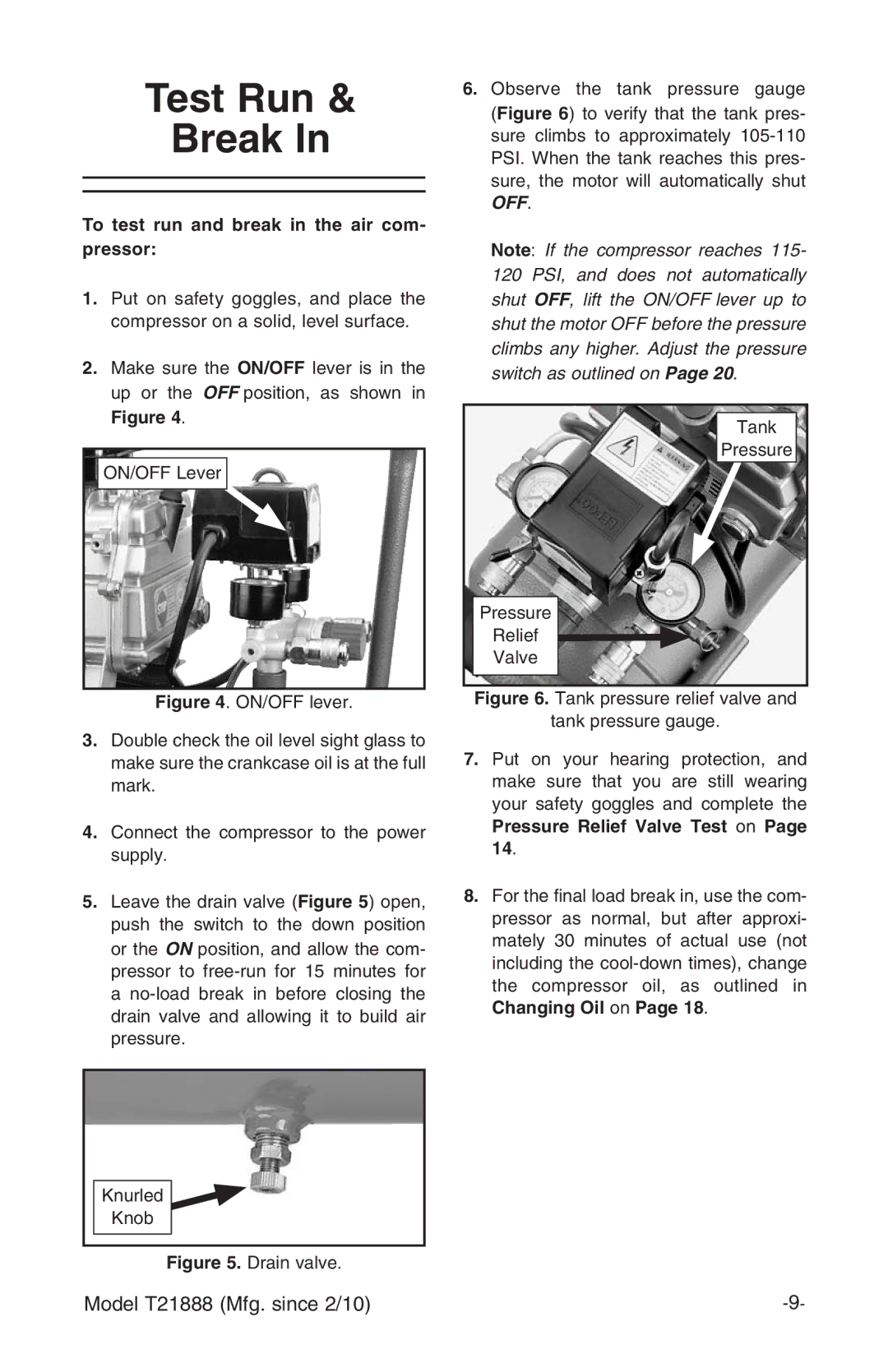 Grizzly T21888 Test Run Break, To test run and break in the air com- pressor, Pressure Relief Valve Test on 