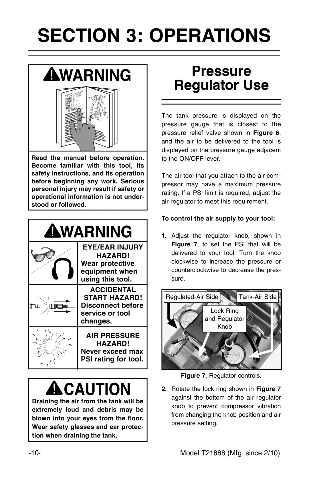 Grizzly T21888 instruction manual Operations, Pressure Regulator Use, To control the air supply to your tool 