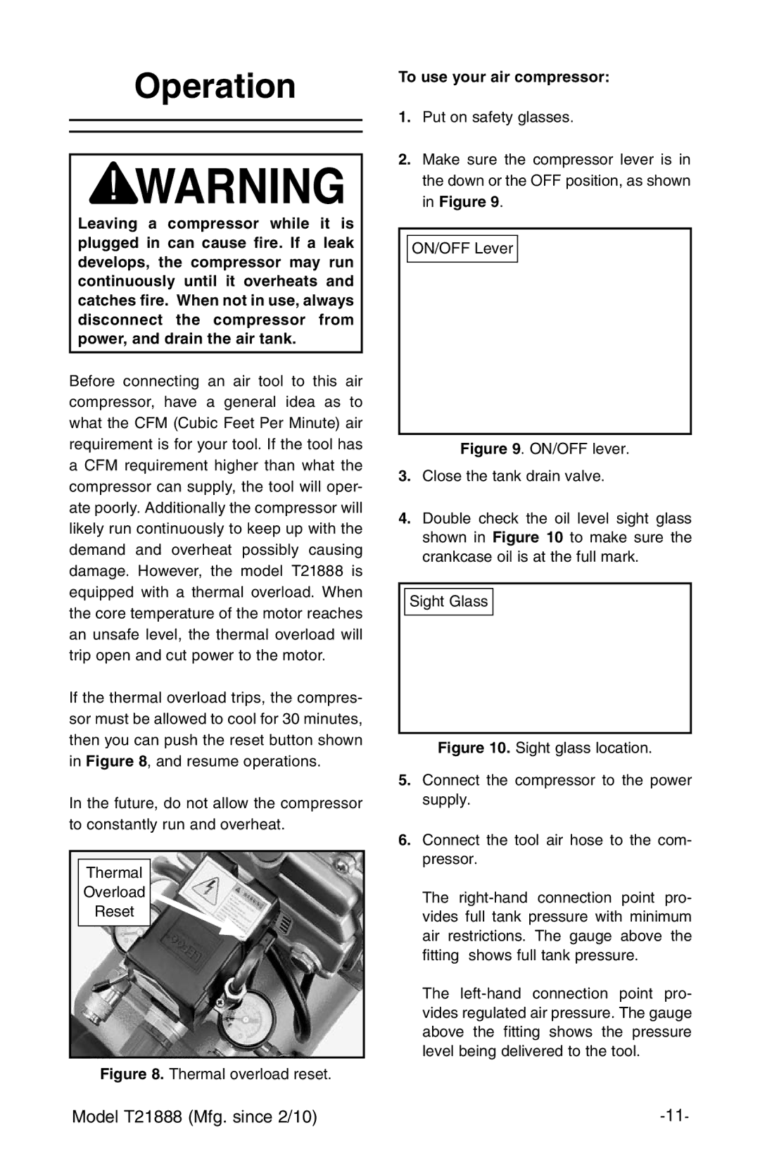 Grizzly T21888 instruction manual Operation, To use your air compressor 