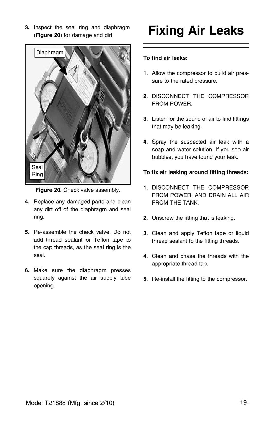 Grizzly T21888 instruction manual Fixing Air Leaks, To find air leaks, To fix air leaking around fitting threads 