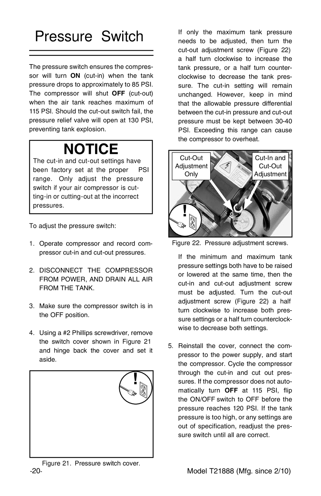 Grizzly T21888 instruction manual Pressure Switch, To adjust the pressure switch 