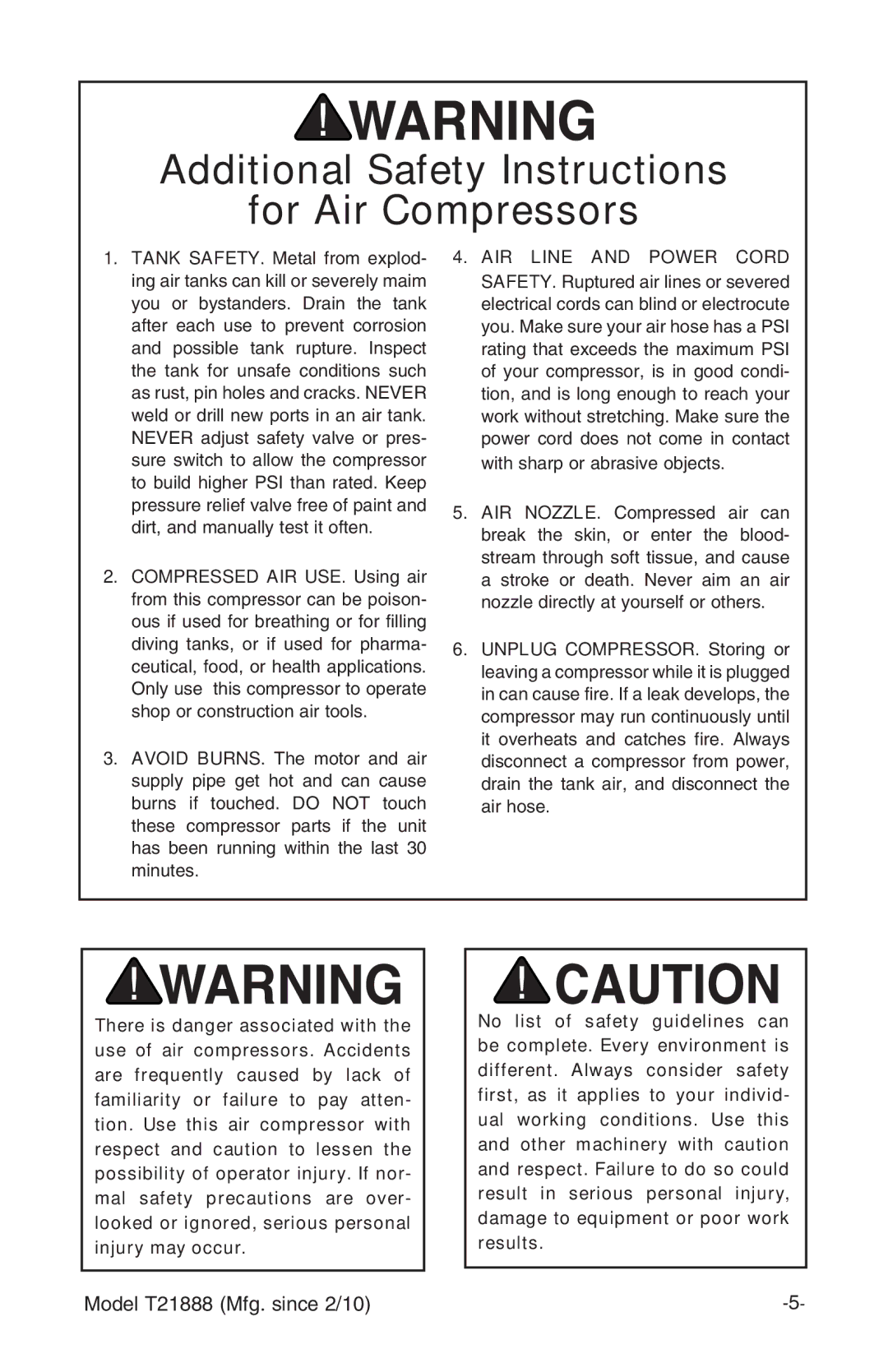 Grizzly T21888 instruction manual Additional Safety Instructions For Air Compressors 