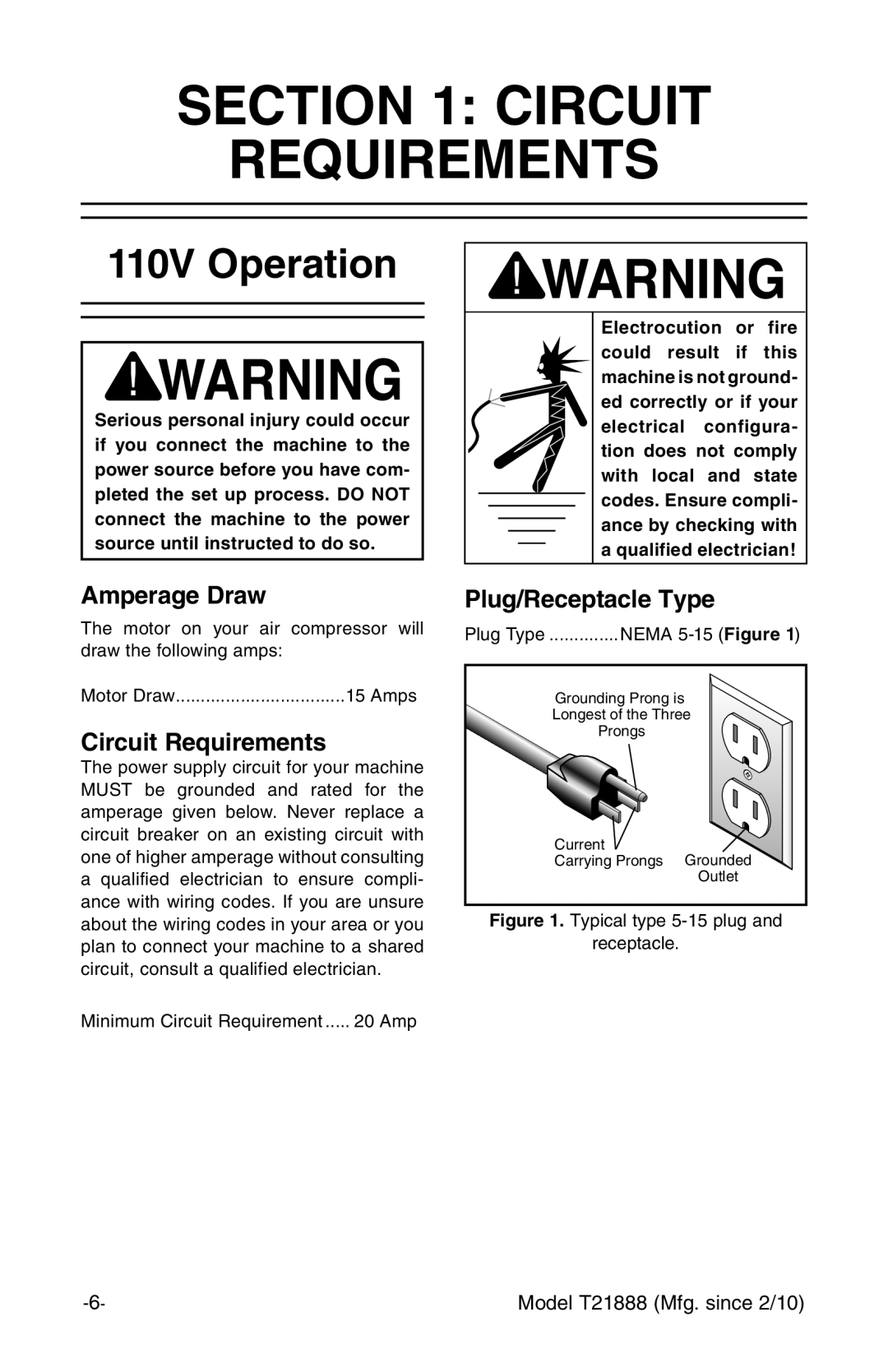 Grizzly T21888 instruction manual Circuit Requirements, 110V Operation 