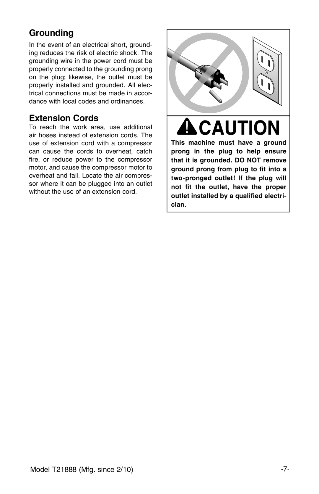 Grizzly T21888 instruction manual Grounding 