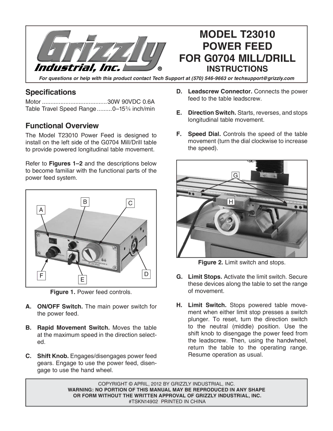 Grizzly T23010 specifications Functional Overview, ON/OFF Switch.IZbVcedlZghliXdg iZedlZgZZY# 