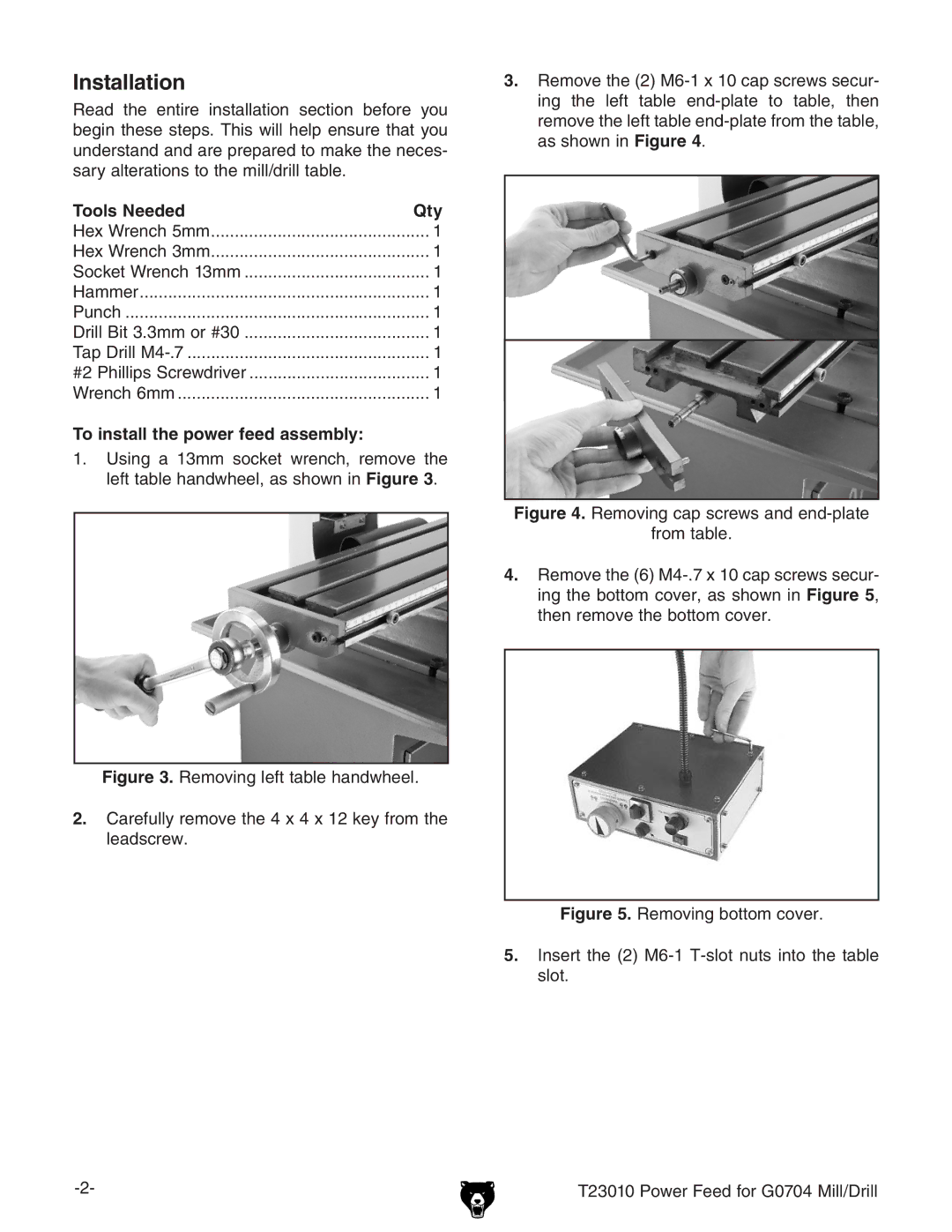 Grizzly T23010 Installation, Tools NeededQty, To install the power feed assembly, Vhhdlcc #, EdlZgZZYdg%,%Baa$9gaa 