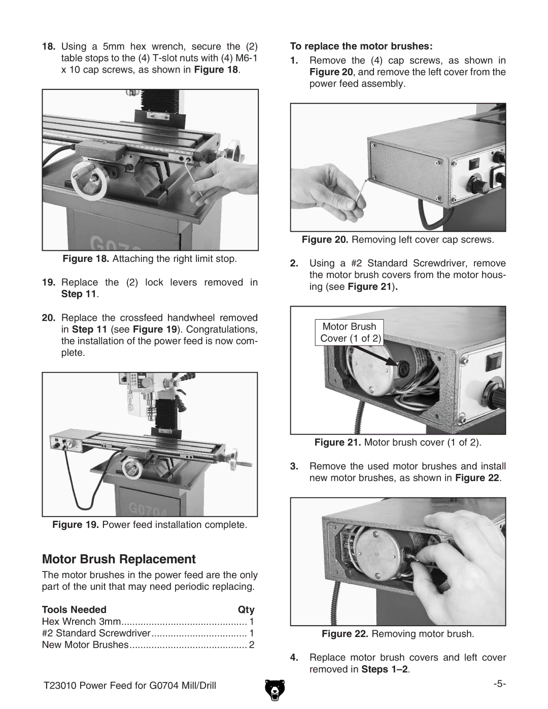 Grizzly T23010 specifications Motor Brush Replacement, To replace the motor brushes, Bdidg7gjh 8dkZg&d 