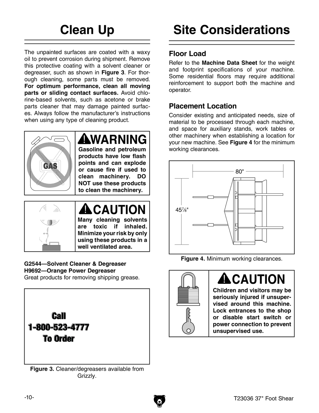 Grizzly T23036 owner manual Clean Up, Site Considerations 