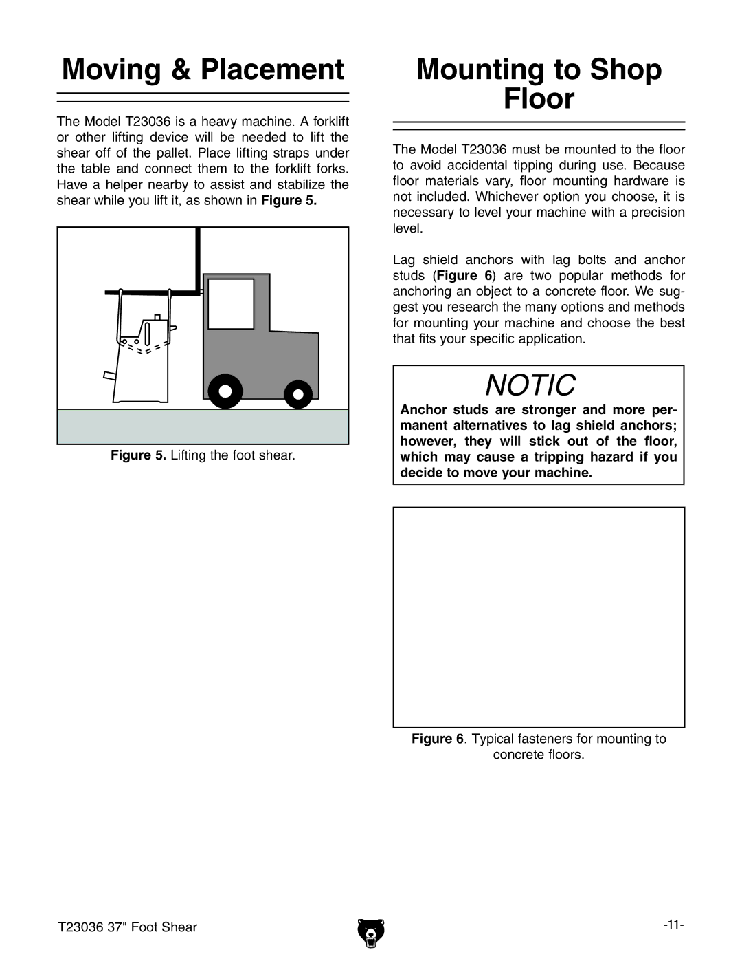 Grizzly T23036 owner manual Moving & Placement, Mounting to Shop Floor 