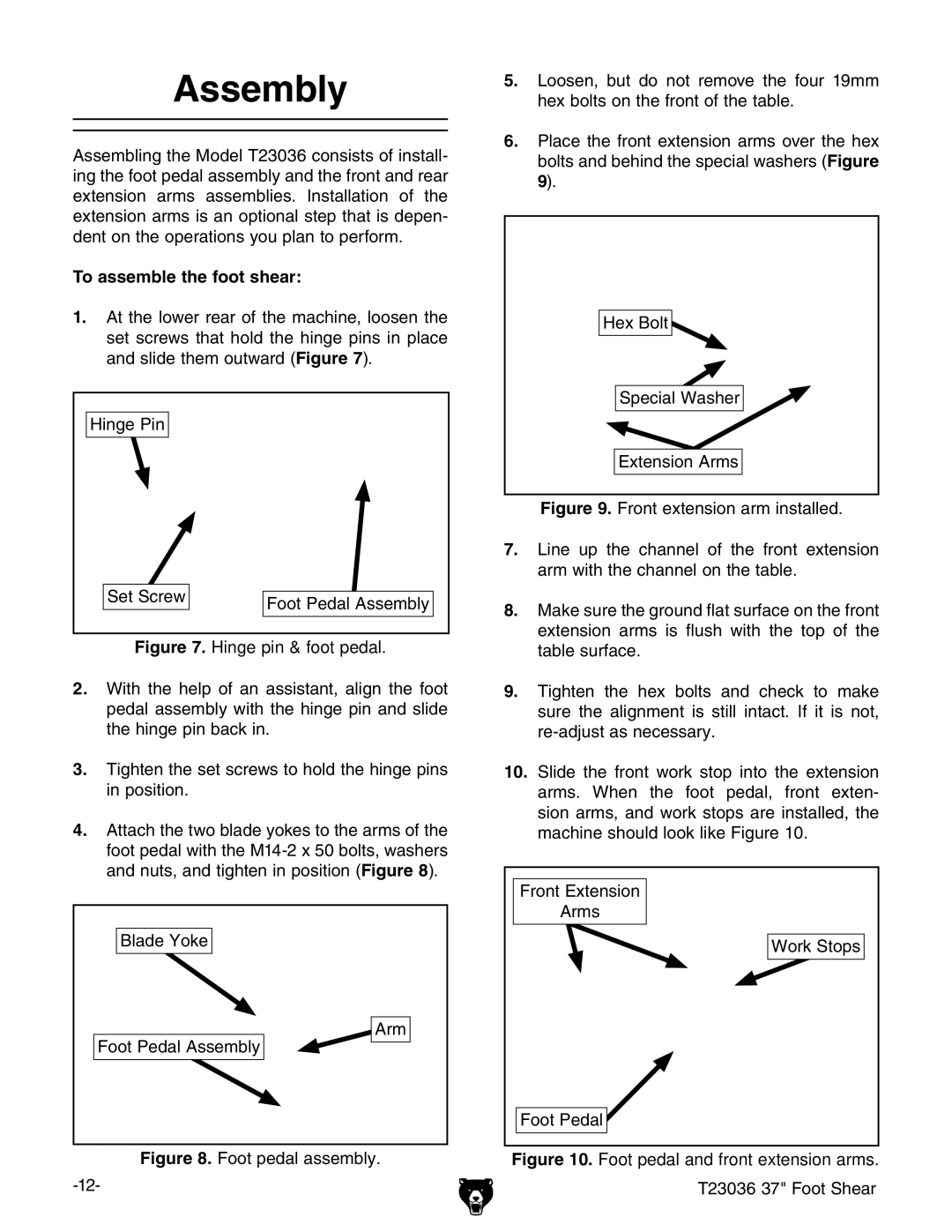 Grizzly T23036 owner manual Assembly, To assemble the foot shear 