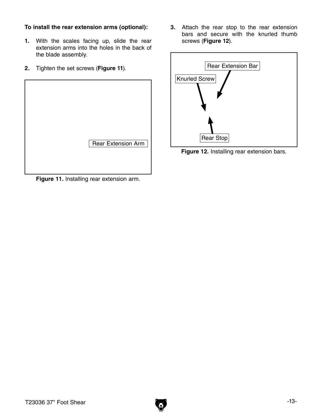 Grizzly T23036 owner manual To install the rear extension arms optional, Installing rear extension bars 