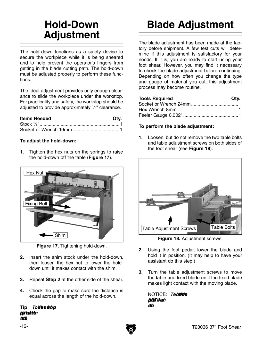 Grizzly T23036 owner manual Hold-Down Adjustment, Blade Adjustment 