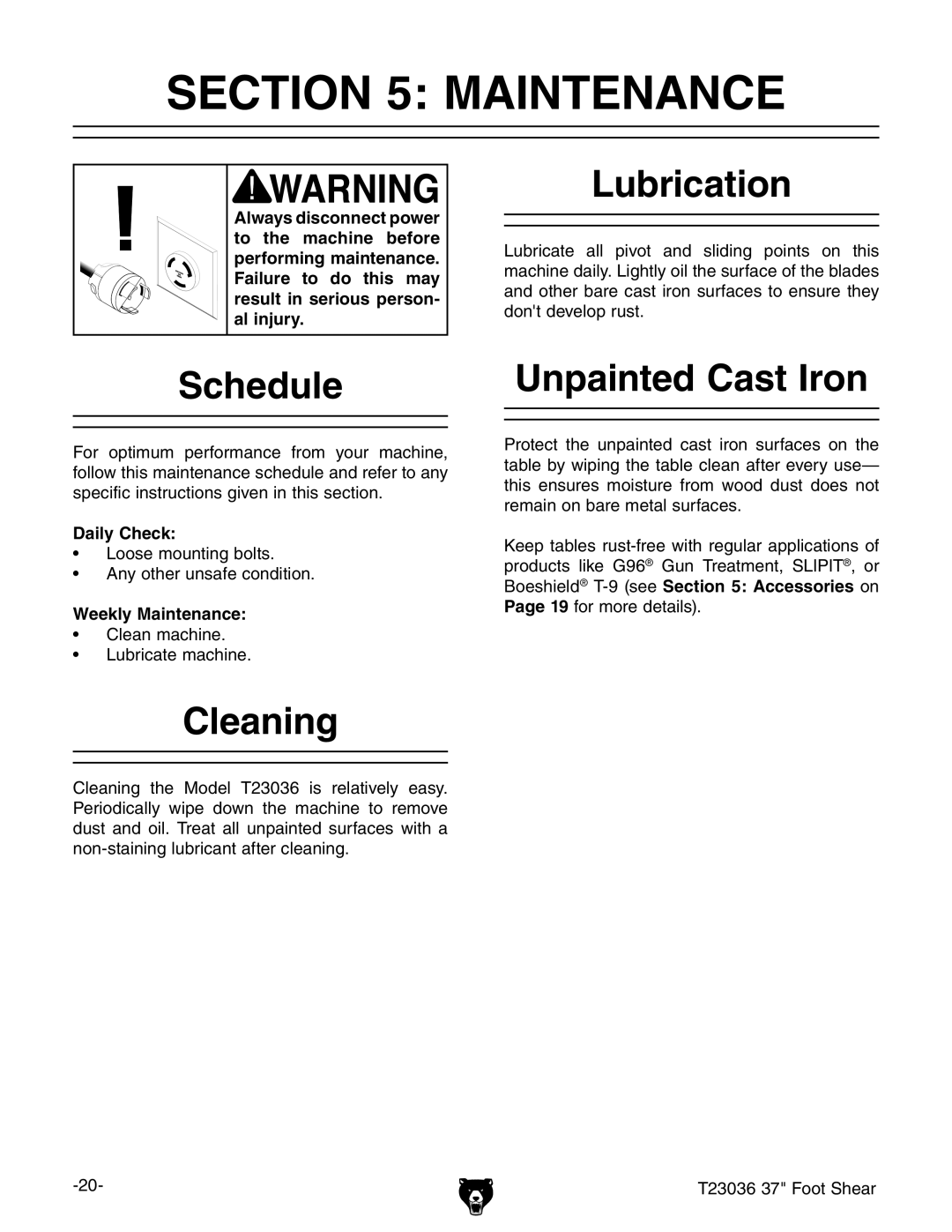 Grizzly T23036 owner manual Maintenance, Schedule, Cleaning Lubrication, Unpainted Cast Iron 