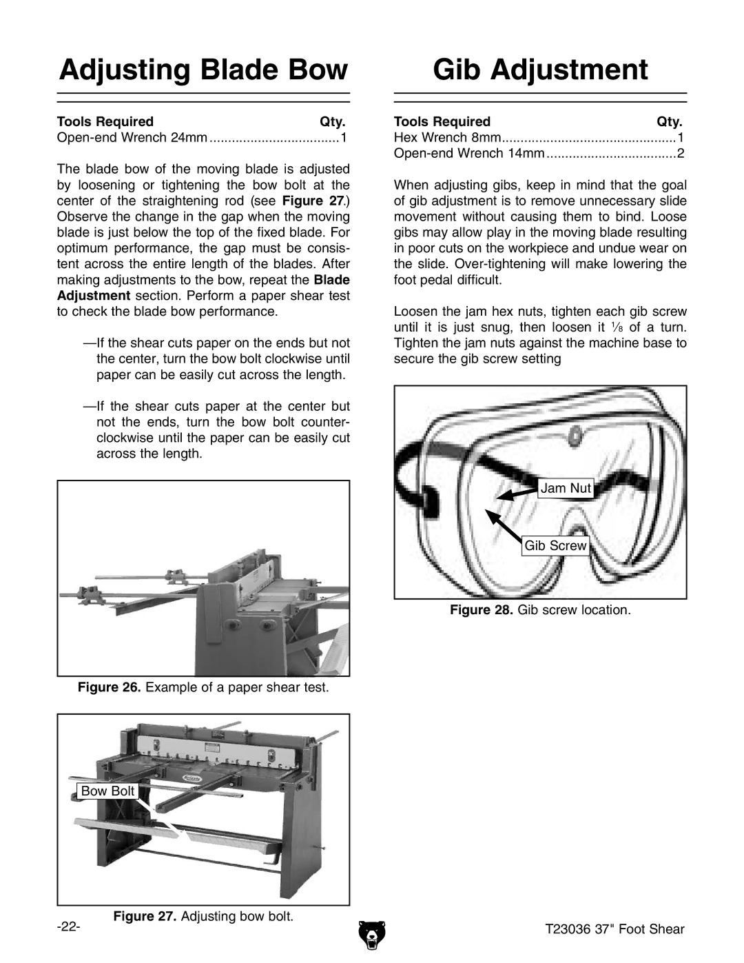 Grizzly T23036 owner manual Adjusting Blade Bow, Gib Adjustment 