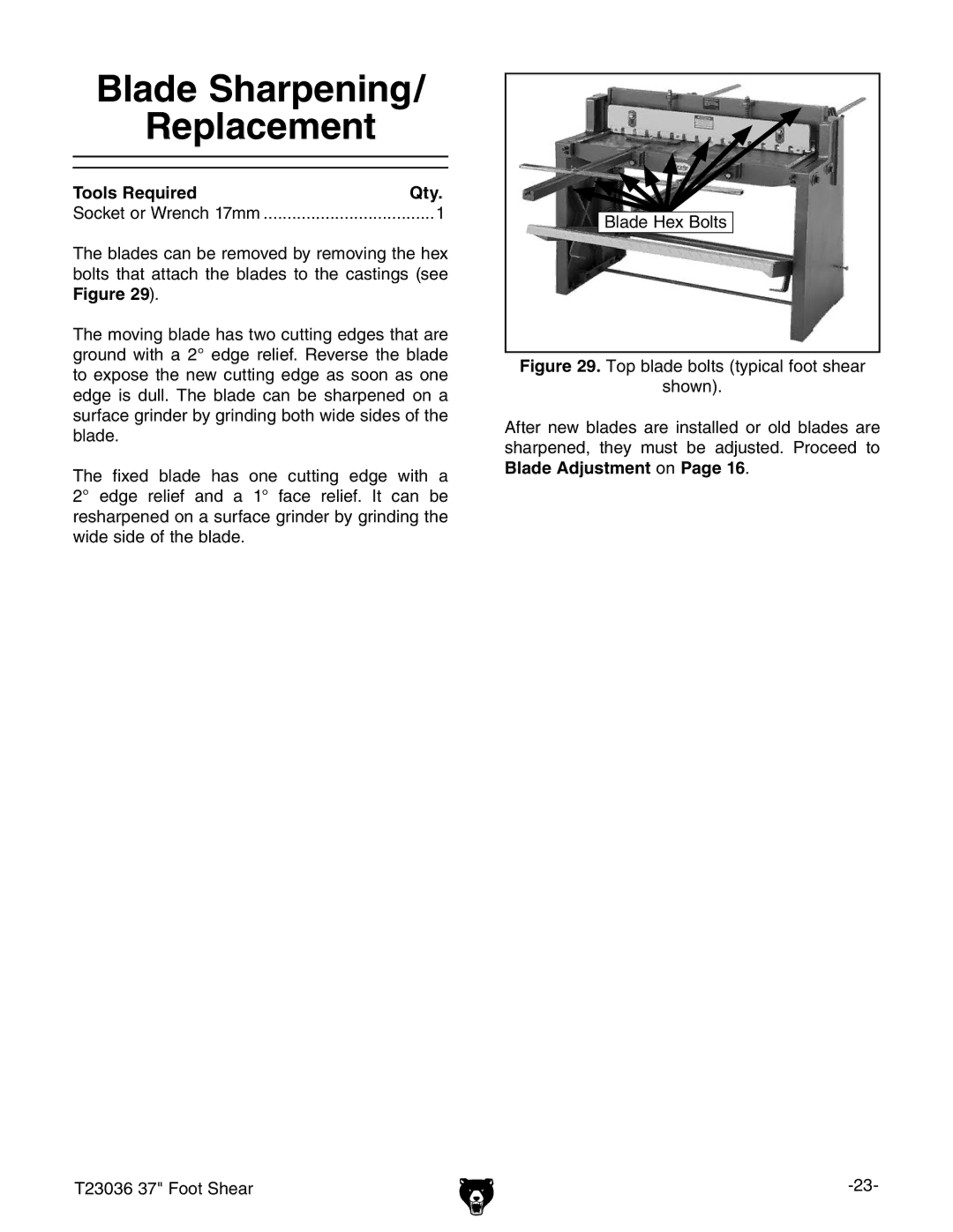 Grizzly T23036 owner manual Blade Sharpening Replacement 