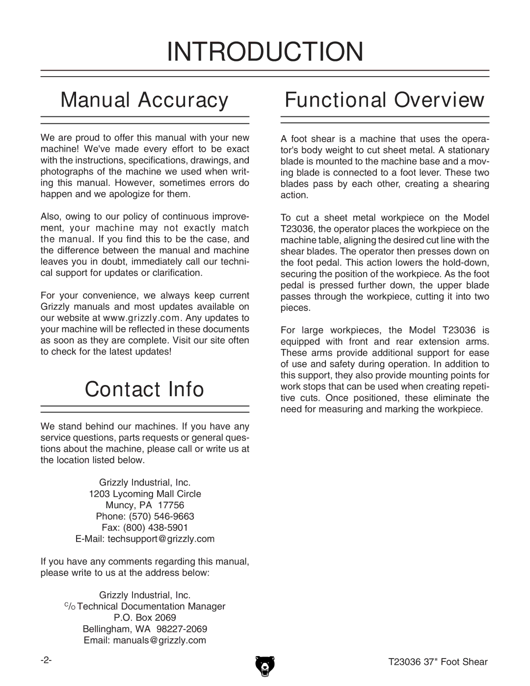 Grizzly T23036 owner manual Introduction, Manual Accuracy Functional Overview, Contact Info 